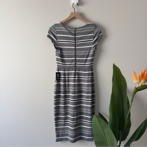 Express Gray and White striped Sheath Midi Dress V-Neck Cap Sleeves zip up slit - Picture 2 of 13